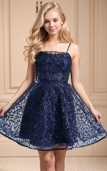Floral Illusion A-Line Scoop Short Mini Lace Homecoming Dress Elegant Adorable Party Gown