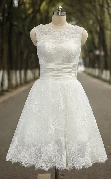 Lace A-line Wedding Dress with Ruched Bodice Jewel Neck Sleeveless Short