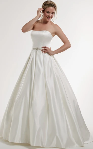 Strapless Satin Wedding Dress with Jeweled Bodice Bow and Backless Style Ball-Gown