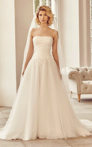 Tulle Appliqued Strapless Wedding Dress with V Back Maxi Length