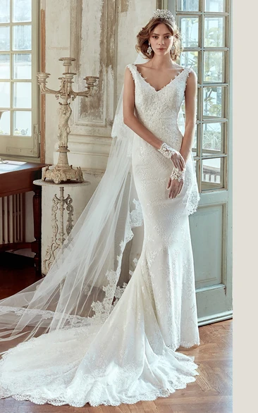 Sheath Wedding Dress with Low V-Back and Court Train Flowy Sheath Wedding Dress with Low V-Back