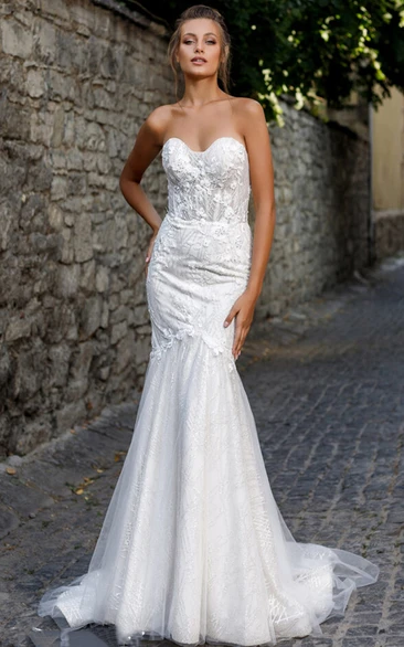 Sweetheart Mermaid Tulle and Lace Wedding Dress with Appliques Casual Wedding Dress
