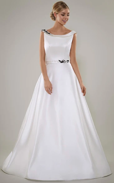 Beaded Satin A-Line Wedding Dress with Deep-V Back and Sweep Train