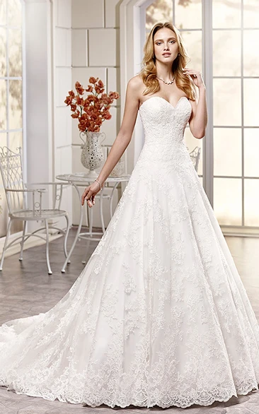 Lace Sweetheart A-Line Wedding Dress with Appliques and V-Back Elegant Maxi Bridal Gown