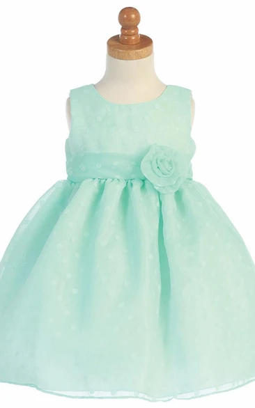 Pleated Floral Tea-Length Flower Girl Dress with Ribbon