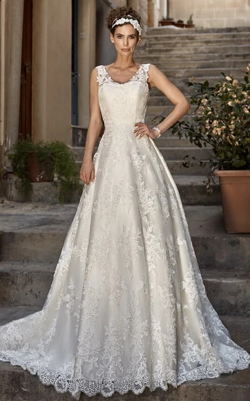 V-Neck A-Line Wedding Dress with Long Appliqued Lace