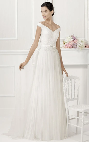 Pleated Tulle Off-Shoulder Wedding Dress with V-Neck and Belt