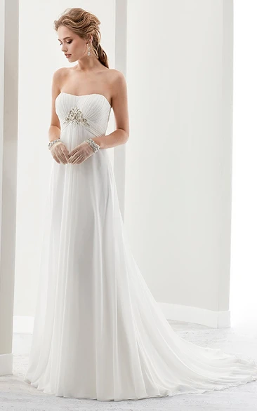 Strapless Pleated Bust Wedding Dress with Beaded Waist and Invert-V