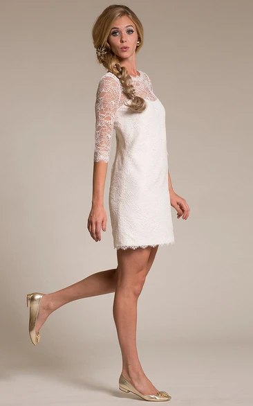 Short Lace Half-Sleeve Bateau-Neck Wedding Dress with V Back Classy Bridal Gown