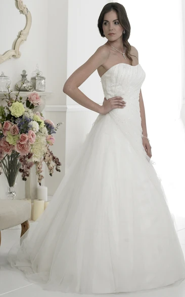 Strapless Tulle Wedding Dress with Beading A-Line Style Court Train