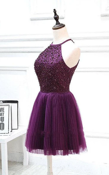 Halter Pleated Formal Dress Short Beaded Style