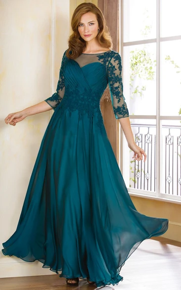 A-Line Formal Dress with Illusion Sleeves and Appliques