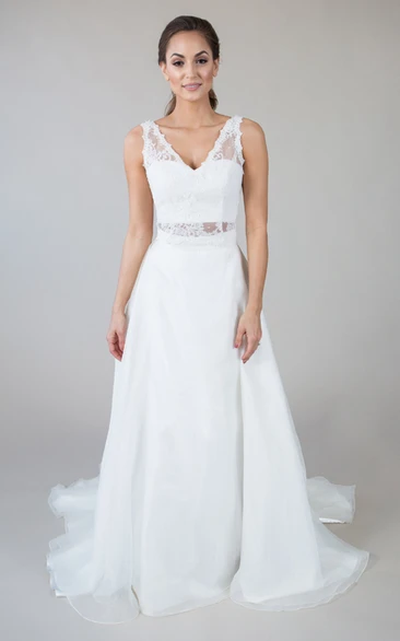 V-Neck Lace&Satin A-Line Sleeveless Wedding Dress