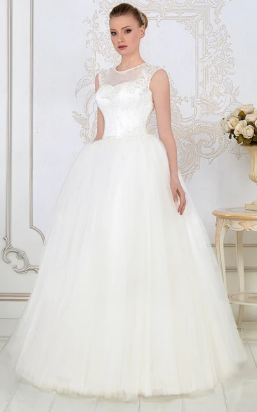 Beaded Scoop-Neck Tulle Ball Gown Wedding Dress Sleeveless and Floor-Length