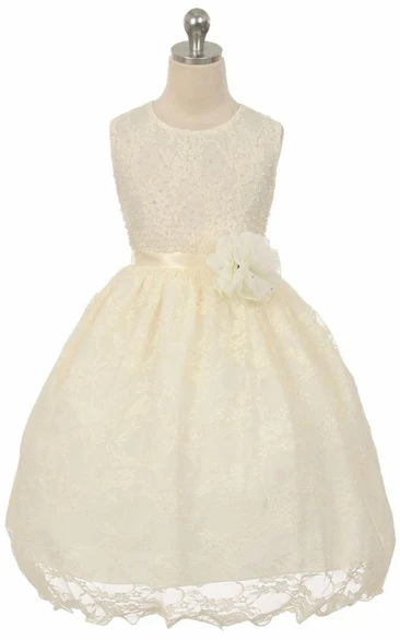 Tea-Length Illusion Organza Flower Girl Dress with Floral Lace