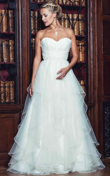 Organza Sweetheart Wedding Dress with Beading Draping and Deep-V Back A-Line Wedding Dress