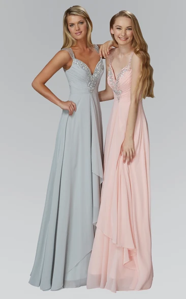 Maxi Chiffon Sleeveless A-Line Bridesmaid Dress with Keyhole and Draping