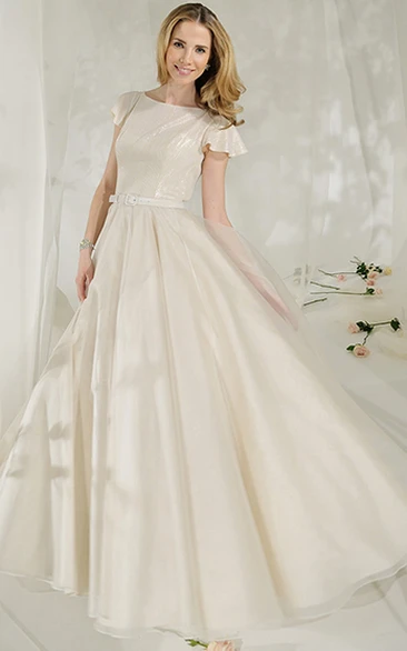 Jewel-Neck Tulle&Satin A-Line Wedding Dress with Poet Sleeves