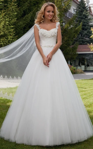 Strapped Tulle Ball Gown Wedding Dress with Beading and Bow Classic Bridal Gown