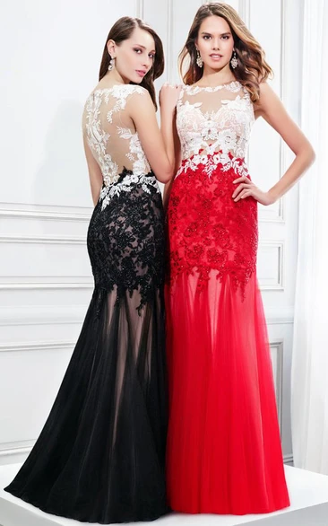 Sleeveless Tulle Prom Dress with Appliques and Brush Train Maxi Length