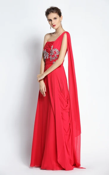 A-Line Chiffon Prom Dress Floor-length One-shoulder + Beading + Modern