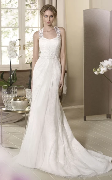 Haltered Tulle Sheath Wedding Dress With Ruching Flowy Beach Bridal Gown