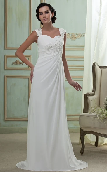 Chiffon Maxi Wedding Dress with Brush Train Queen Anne Cap-Sleeve Bridal Gown