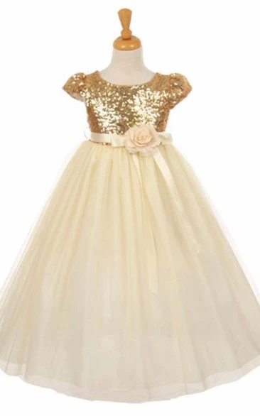 Empire Short Floral Flower Girl Dress with Tulle and Sequins