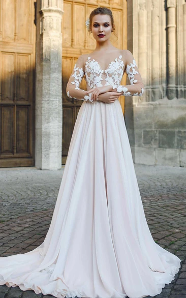 A-Line Chiffon Wedding Dress with Illusion Sleeves