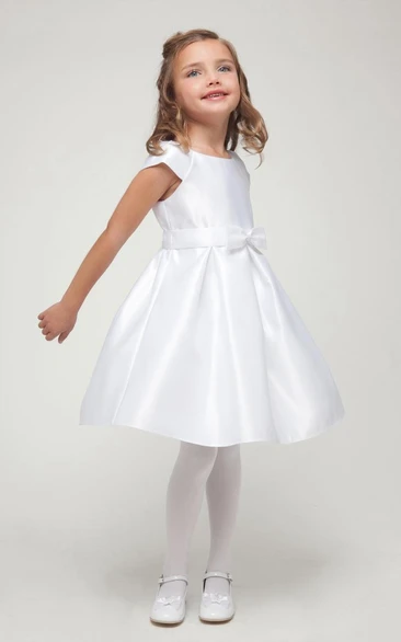 Satin Flower Girl Dress with Cap-Sleeves and Bow Detail Knee-Length Prom Dress