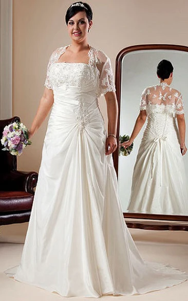 Taffeta Strapless Wedding Dress with Short-Sleeve Bolero and Lace-Up
