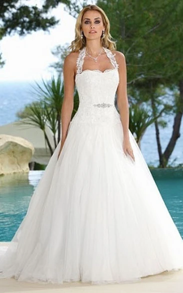 Halter Tulle Wedding Dress with Appliques and Court Train A-Line Wedding Dress