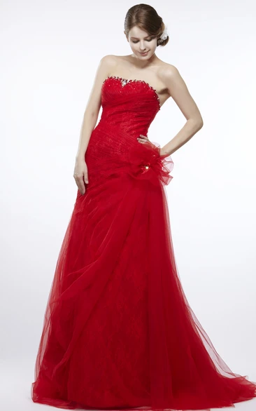 Beaded A-Line Strapless Tulle&Lace Prom Dress with Ruffles and Flower Classy Prom Dress