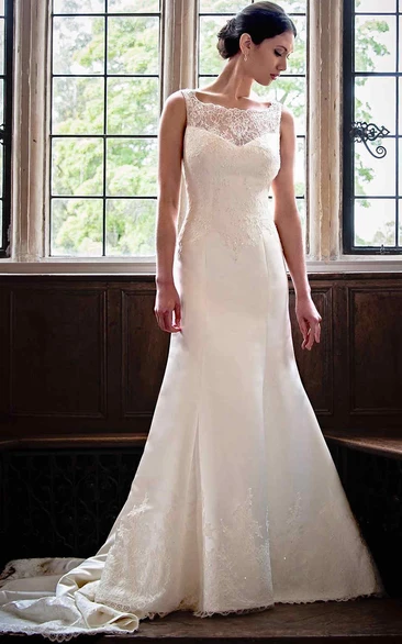 Sleeveless Sheath Wedding Dress with Bateau Neck and Appliqued Lace & Satin