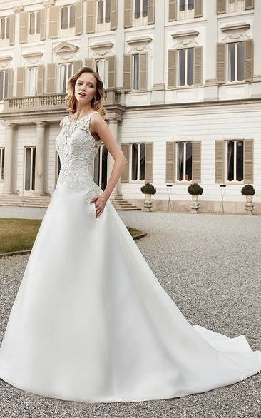 A-Line Satin Wedding Dress with Appliques Sleeveless and Scoop-Neck Classic Bridal Gown