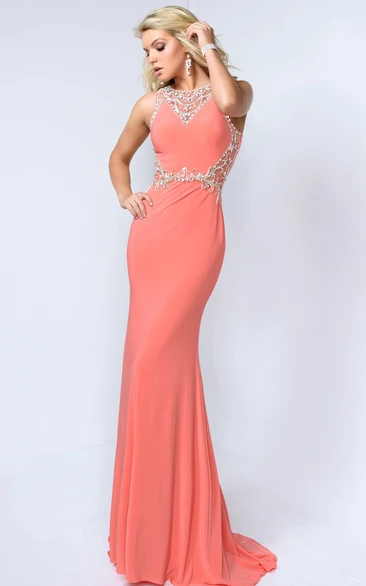 Beaded Sheath Sleeveless Scoop-Neck Dress in Jersey Fabric for Prom or Bridesmaids