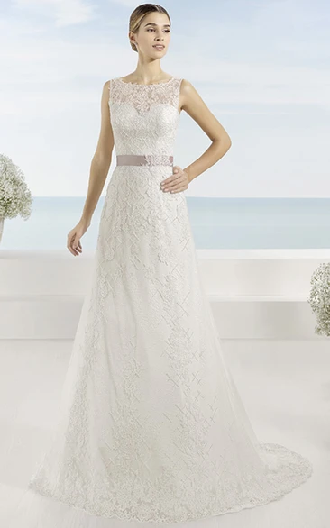 A-Line Lace Sleeveless Wedding Dress with Appliques and Illusion Back