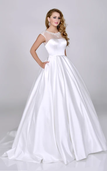 Satin A-Line Cap Sleeve Wedding Dress with Low-V Back and Pockets Bridal Gown