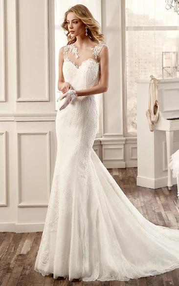 Sheath Mermaid Wedding Dress with Jewel-Neck Appliques and Illusive Back