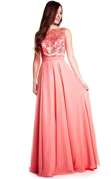 A-Line Sleeveless Appliqued Prom Dress with Brush Train and Illusion Back Elegant Prom Dress