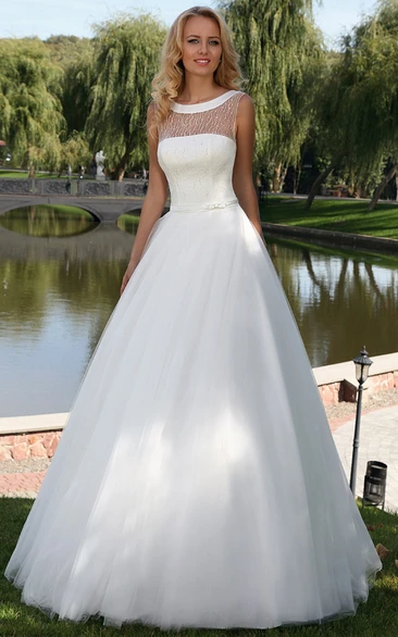 Sleeveless A-Line Tulle Wedding Dress with Beading and Corset Back Elegant Bridal Gown