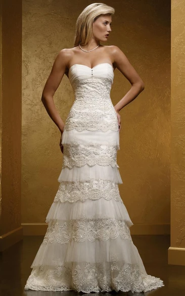 Tiered Lace Sheath Wedding Dress with Appliques and Corset Back Romantic Bridal Gown