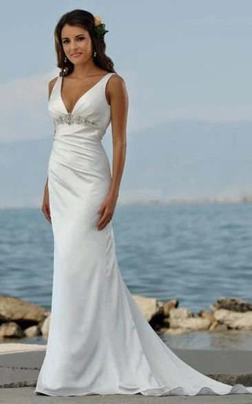 Beaded V-Neck Sheath Beach Wedding Dress with Sweep Train