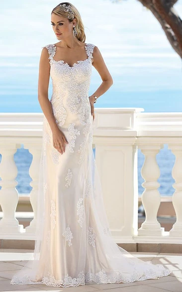 Maxi Square Lace Wedding Dress with Appliques and Court Train Unique Bridal Gown
