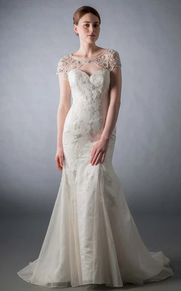 Beaded Lace Mermaid Wedding Dress with Cap Sleeves and Keyhole Elegant Bridal Gown