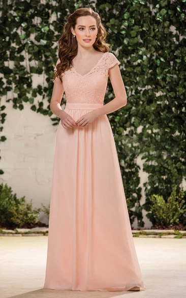 Lace Bodice Cap-Sleeve V-Neck A-Line Bridesmaid Dress