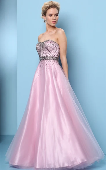 Sleeveless Sweetheart Tulle&Satin A-Line Prom Dress Beaded Embellishments