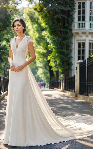 Boho Lace Cap A-Line Illusion Open Back Chiffon Wedding Dress With Train