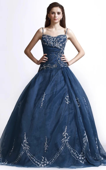 Adorable Lace Appliqued Ball Gown with Straps and Beaded Details