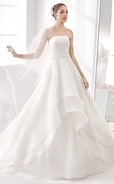 A-Line Wedding Gown with Ruffled Skirt Strapless Pleated Bodice